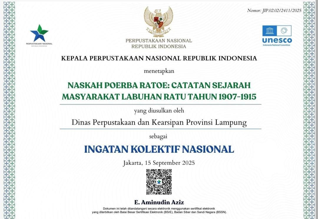 Dua Naskah Kuno Asal Lampung Raih Sertifikat IKON 2025 dari Perpustakaan Nasional RI